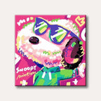 A highly stylized, colourful pop art painting of Snoopy wearing large sunglasses against a vibrant pink background, evoking a playful and energetic mood.
