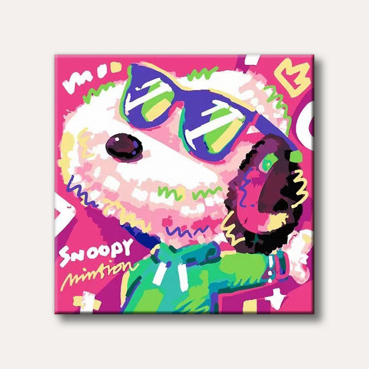 A highly stylized, colourful pop art painting of Snoopy wearing large sunglasses against a vibrant pink background, evoking a playful and energetic mood.