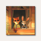An animated illustration featuring Nick Wilde, a fox, and Judy Hopps, a rabbit, from Zootopia, looking out from a window bathed in warm golden light, in a charming cartoon style.