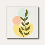 A minimalist abstract illustration featuring a dark green botanical branch against a light background with pastel geometric shapes, creating a modern and serene composition.