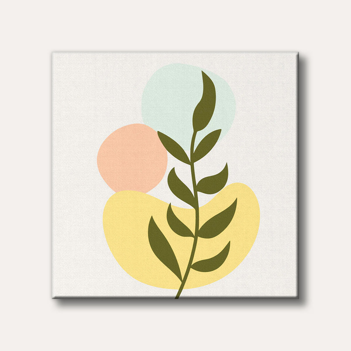 A minimalist abstract illustration featuring a dark green botanical branch against a light background with pastel geometric shapes, creating a modern and serene composition.