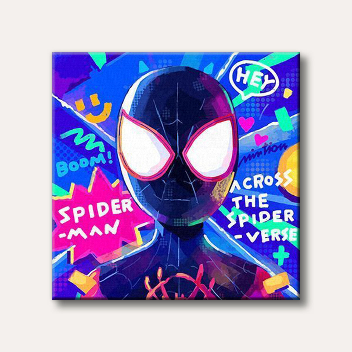 A vibrant, pop art style illustration of Miles Morales as Spider-Man, with text bubbles like 'Boom!' and 'Across The Spider-Verse' in a dynamic, colourful background.