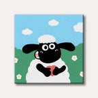 A delightful cartoon sheep with a white fluffy body and black head holds a red heart, depicted in a simple, cheerful style against a blue sky and green field.