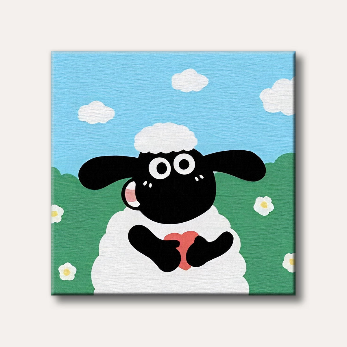 A delightful cartoon sheep with a white fluffy body and black head holds a red heart, depicted in a simple, cheerful style against a blue sky and green field.