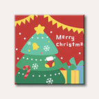 A cheerful, cartoon-style illustration of a green Christmas tree adorned with ornaments, surrounded by presents and snowflakes on a red background with a 'Merry Christmas' banner, conveying a festive holiday mood.