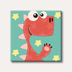 A cheerful, cartoon-style red dinosaur with large white eyes and pink spikes waves playfully on a teal background with scattered yellow stars.