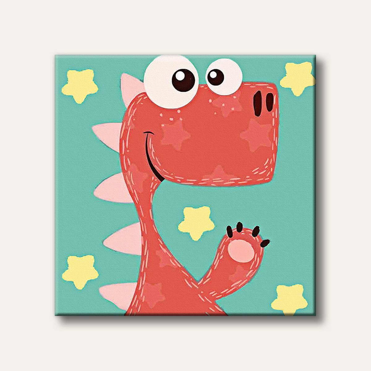 A cheerful, cartoon-style red dinosaur with large white eyes and pink spikes waves playfully on a teal background with scattered yellow stars.