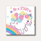 A cheerful white cartoon unicorn with a rainbow mane, pink cheeks, and wings, flying above a pastel rainbow with stars in the background, in a whimsical, cute illustration style.
