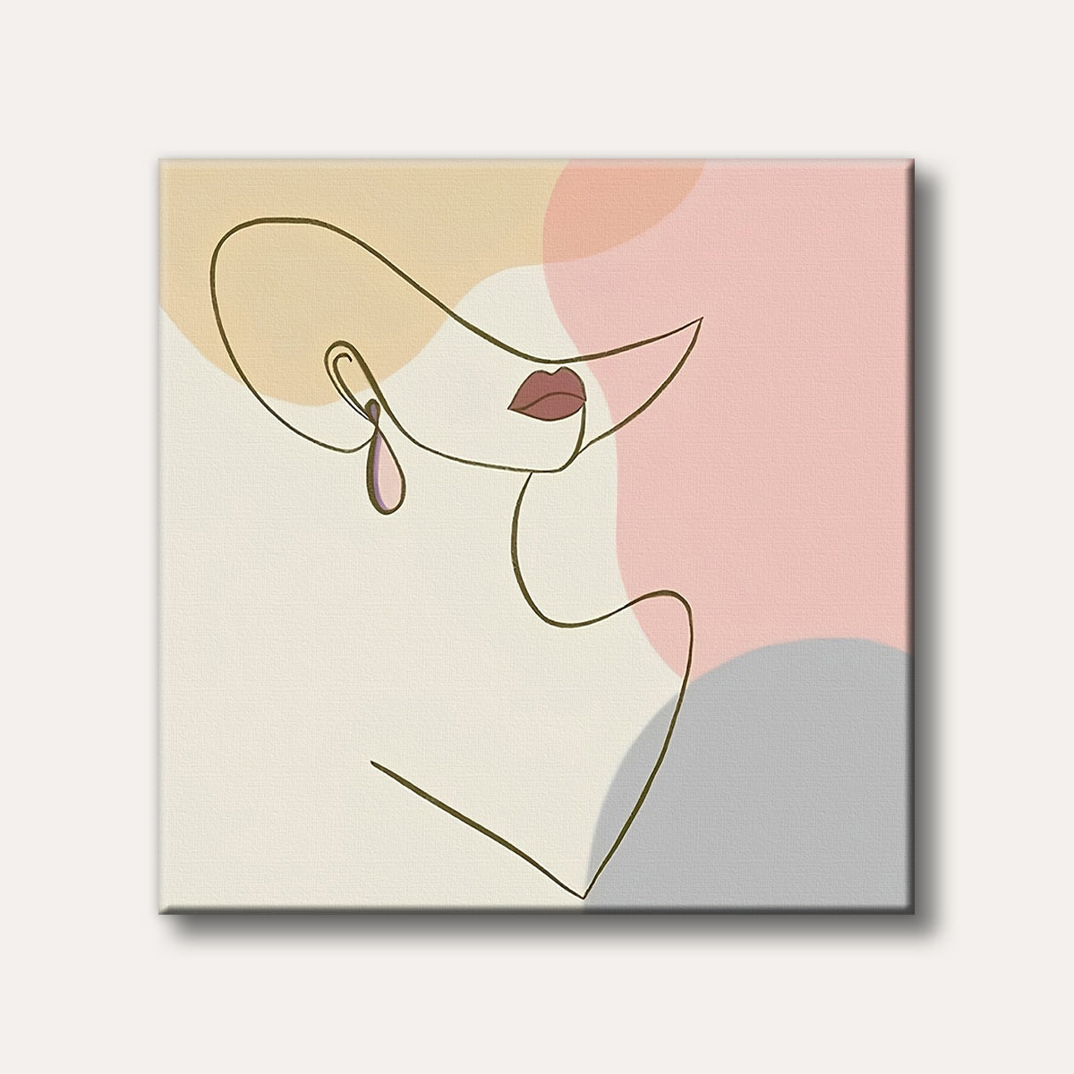 A minimalist line art depiction of a woman in a wide-brimmed hat, with a single brown line forming her profile against a background of soft pastel abstract shapes.