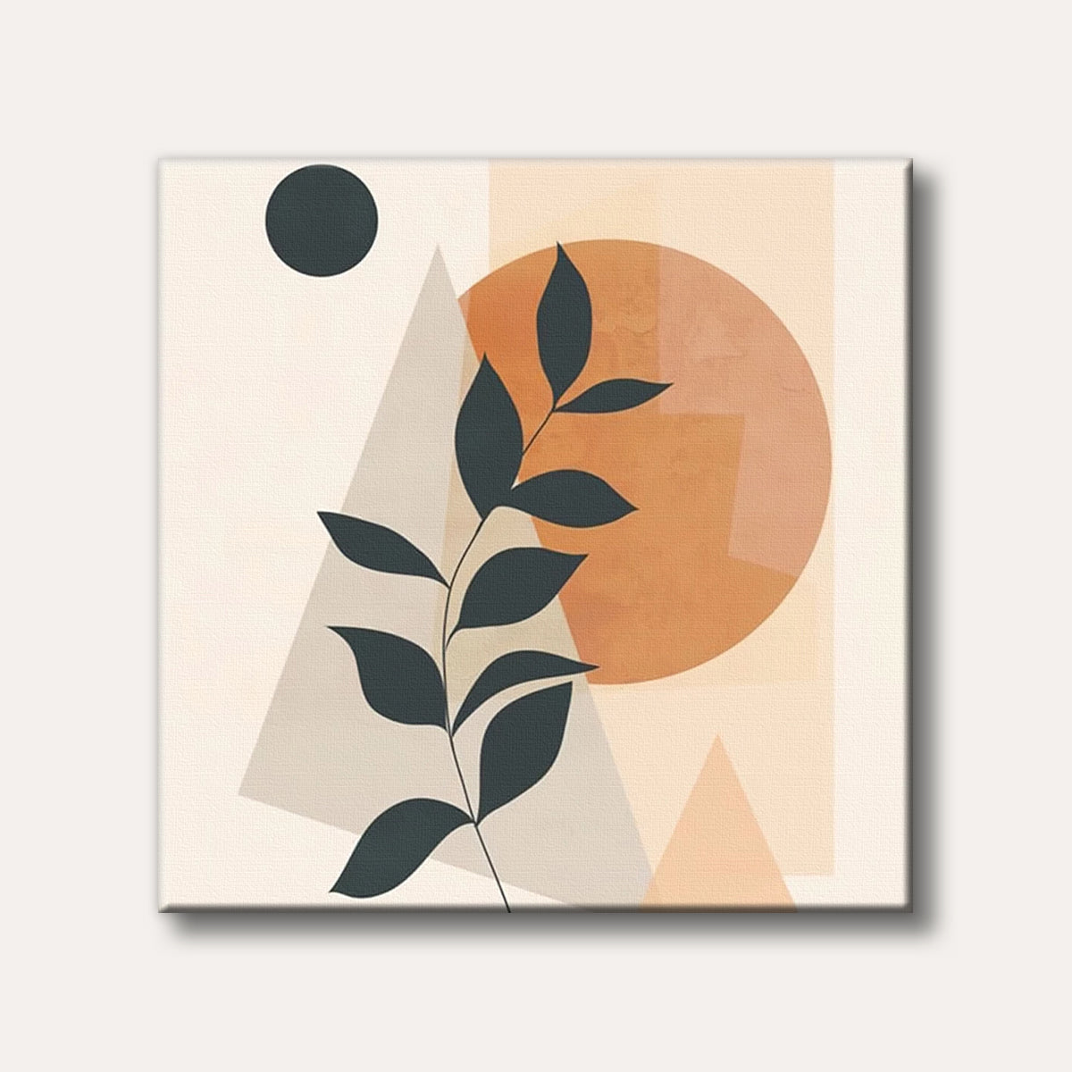 An abstract artwork depicting a dark leafy branch against a background of large geometric shapes including an orange circle, beige triangles, and a dark grey circle, rendered in a modern, minimalist style with an earthy, calm mood.
