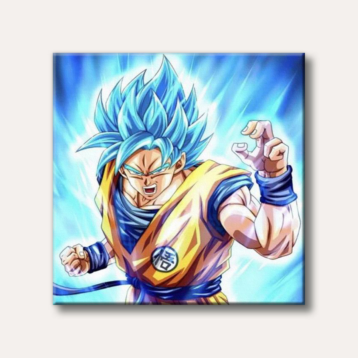 A dynamic illustration of Goku in his Super Saiyan Blue form, radiating vibrant blue energy, rendered in a distinct anime style.