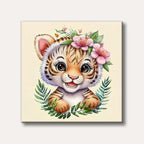 A charming cartoon baby tiger cub with large, expressive eyes and pink flowers in its hair, set against a cream background, rendered in a sweet and cheerful style.