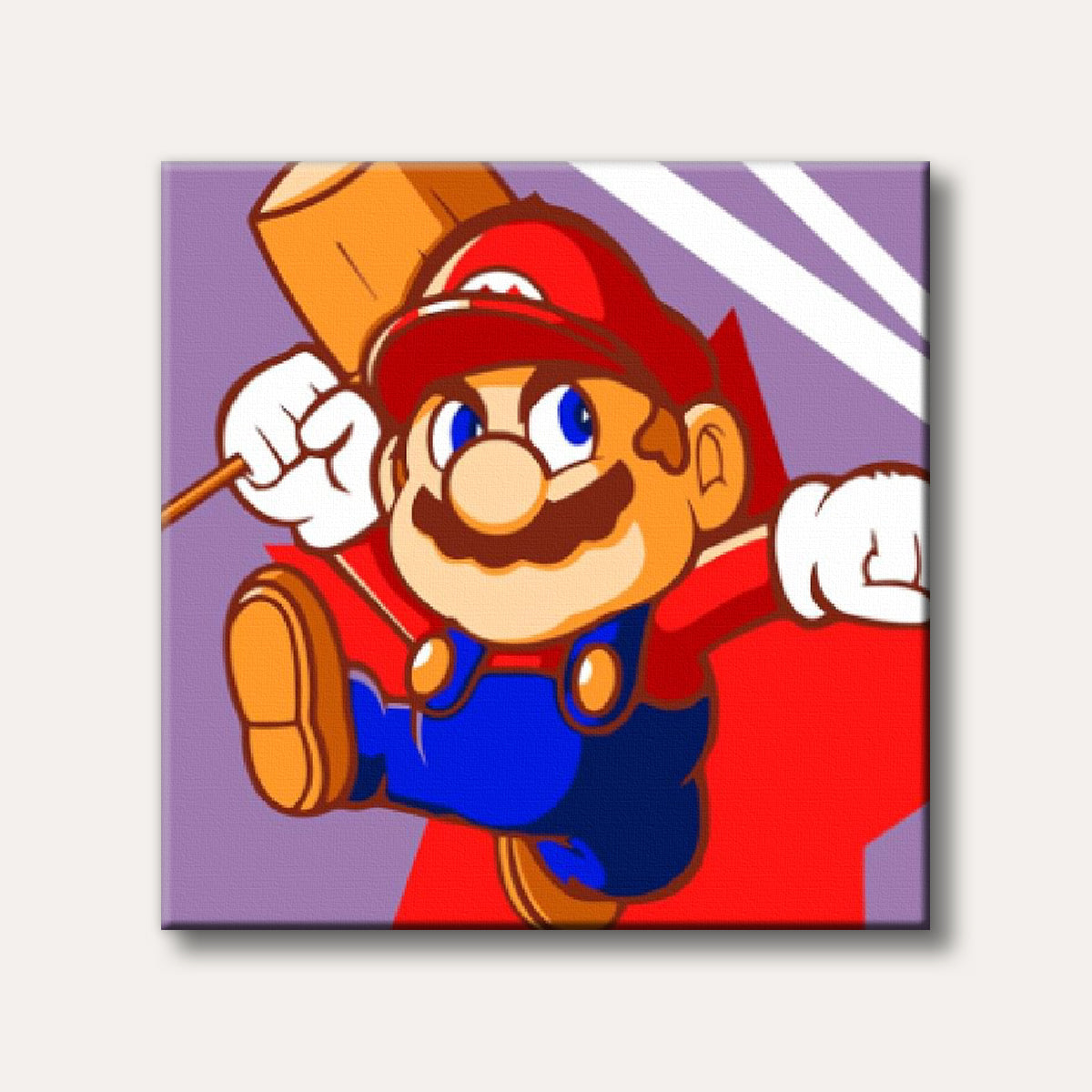 A dynamic cartoon illustration of Super Mario, depicted mid-air, holding a large wooden hammer, against a red and purple background with white diagonal stripes, in a bright, energetic style.