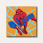 A vibrant, cartoon-style depiction of Spider-Man in his classic red and blue suit, crouched against an orange background with light blue web patterns, conveying an energetic and action-oriented mood.