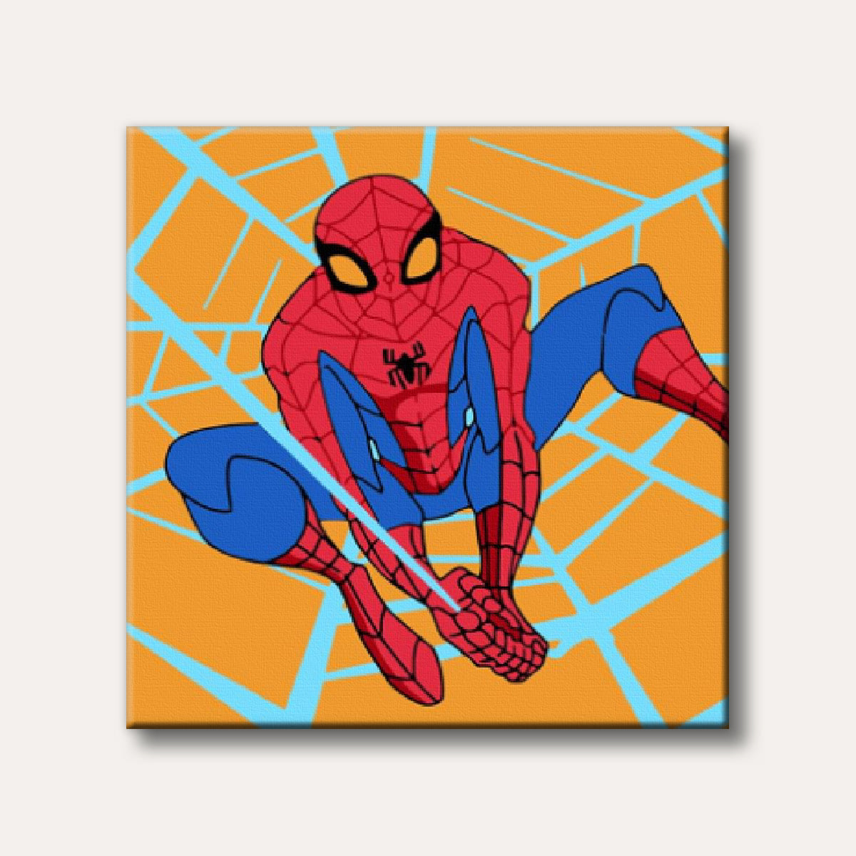 A vibrant, cartoon-style depiction of Spider-Man in his classic red and blue suit, crouched against an orange background with light blue web patterns, conveying an energetic and action-oriented mood.
