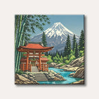 A vibrant artwork depicts a traditional red-roofed Japanese shrine beside a turquoise river, with a towering snow-capped Mount Fuji in the background, all rendered in a stylized, serene manner with prominent bamboo.