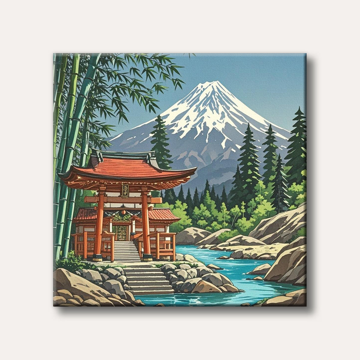 A vibrant artwork depicts a traditional red-roofed Japanese shrine beside a turquoise river, with a towering snow-capped Mount Fuji in the background, all rendered in a stylized, serene manner with prominent bamboo.