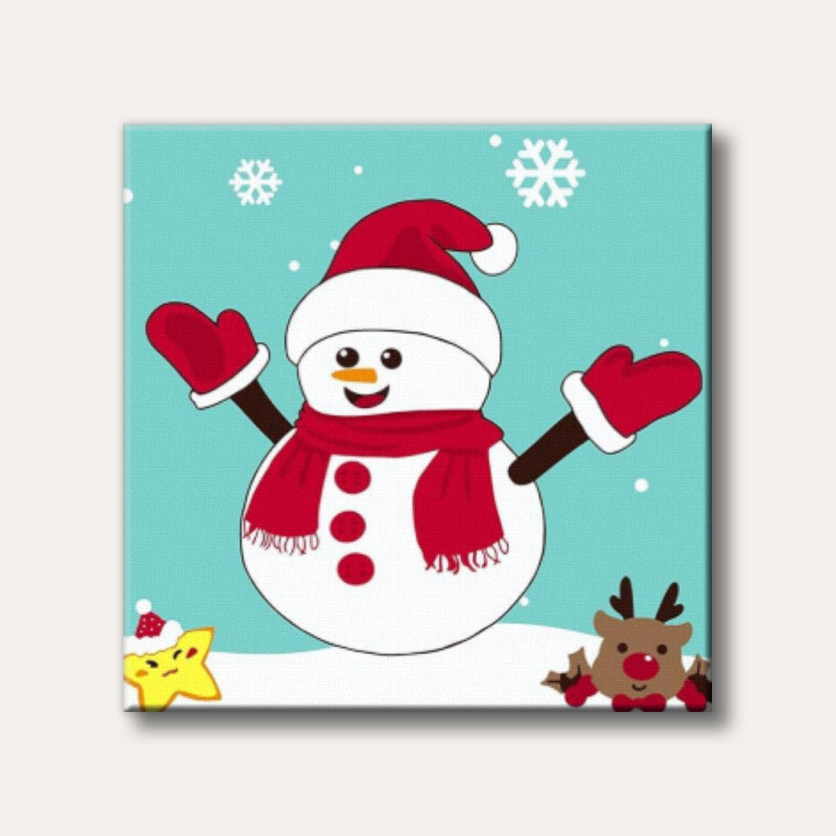 A cheerful cartoon snowman wearing a red hat and scarf, with snowflakes, a star, and a reindeer in a festive winter scene.