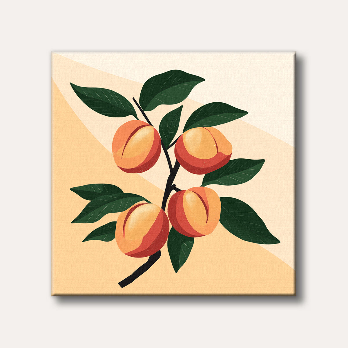 An illustration of four ripe peaches on a branch with green leaves, set against a warm, light orange background in a simple, textural style.