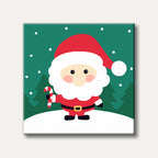A cute, cartoon-style illustration of Santa Claus in a red suit holding a candy cane, standing in a snowy landscape with green pine trees and falling snowflakes, conveying a cheerful holiday mood.