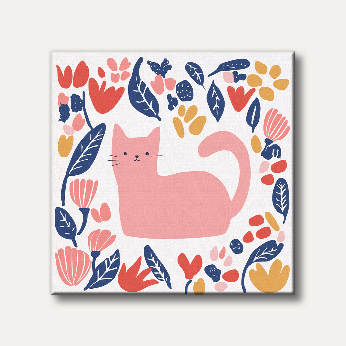 A minimalist and cheerful illustration of a pink cat sitting serenely amidst a border of stylized blue leaves and vibrant red, pink, and yellow flowers.