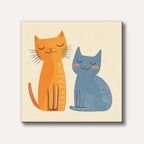 A charming illustration featuring two stylized, smiling cats, one orange and one blue, sitting side by side against a light background.