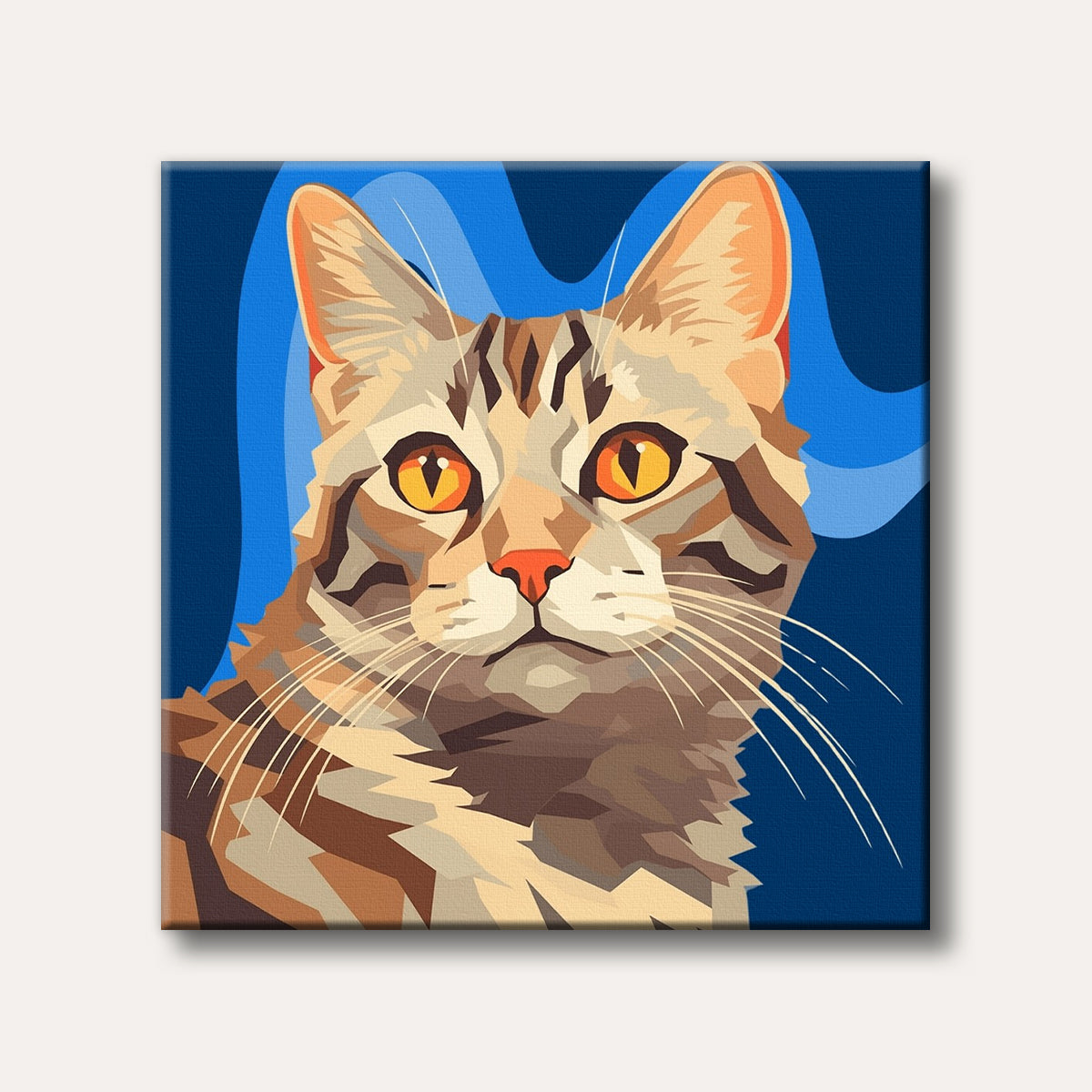 A close-up pop art style portrait of a tabby cat with striking orange eyes against a dark blue background.
