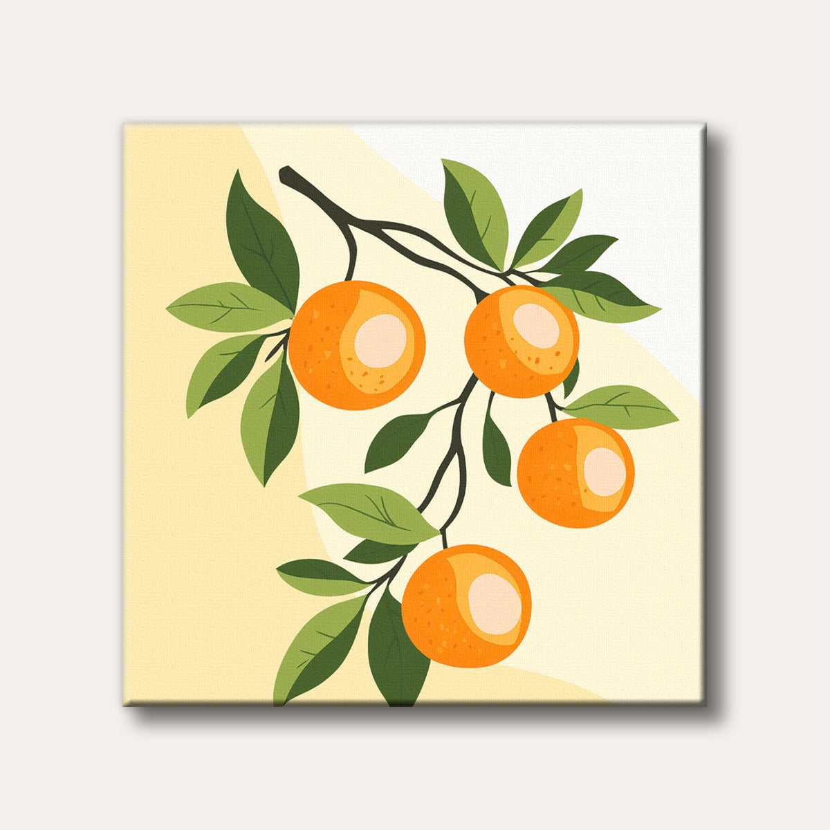 A vibrant, modern illustration featuring four ripe oranges with green leaves on a dark branch, set against a two-tone light yellow and cream background.
