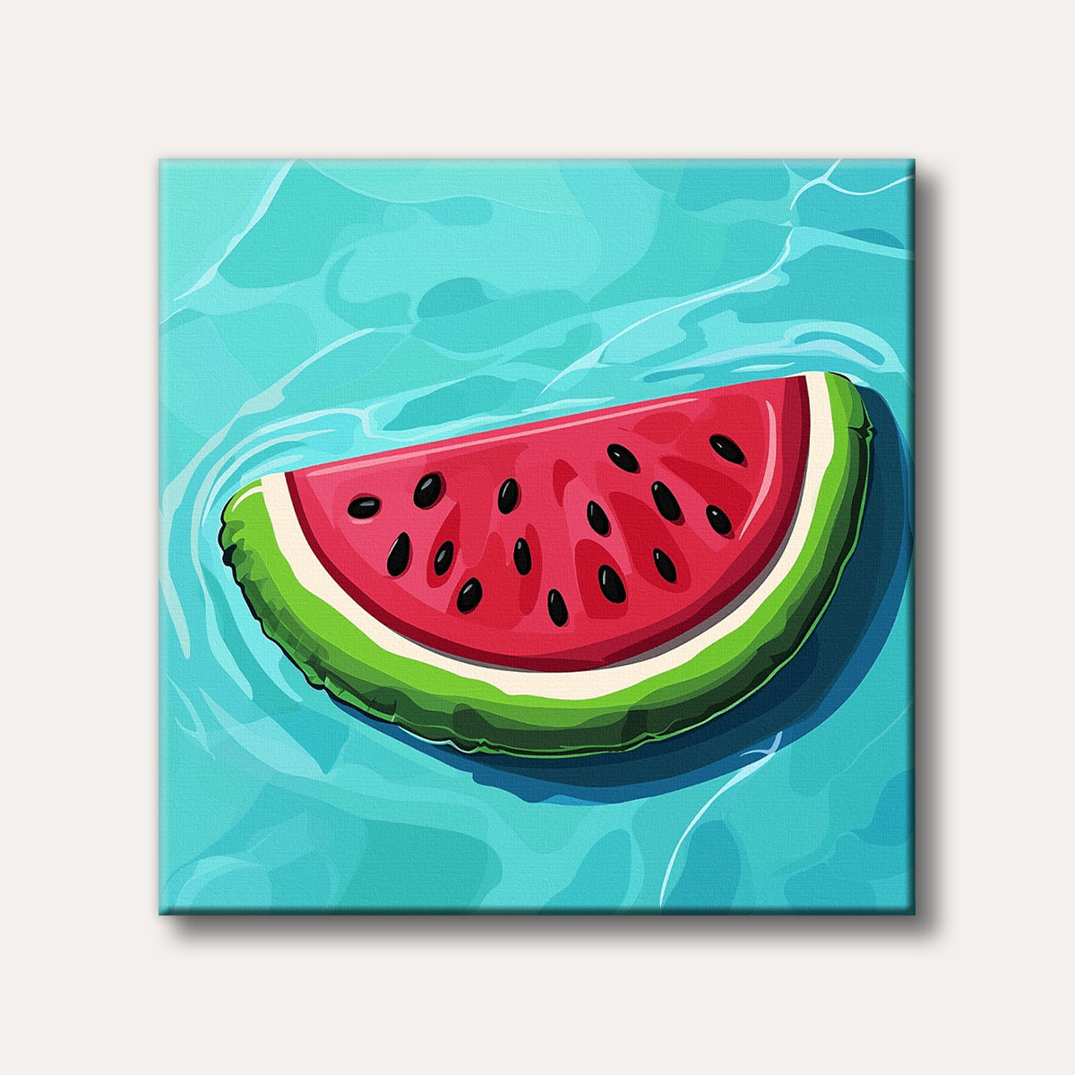 A large, vibrant slice of watermelon with black seeds floats on bright turquoise water, rendered in a clean, graphic illustration style, evoking a refreshing summer mood.