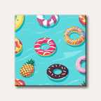 A cheerful illustration of assorted colourful pool floats, including striped donuts and a pineapple, floating on bright turquoise water, rendered in a modern, vibrant style.