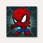 A cute, chibi-style Spider-Man character in his iconic red and blue suit, striking a heroic pose against a dark teal background with white web lines and a glowing aura.