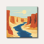 A stylized illustration of a deep desert canyon with a winding blue river, prominent red and tan rock formations, and a large pale sun in a light blue sky, rendered in a flat, graphic style.
