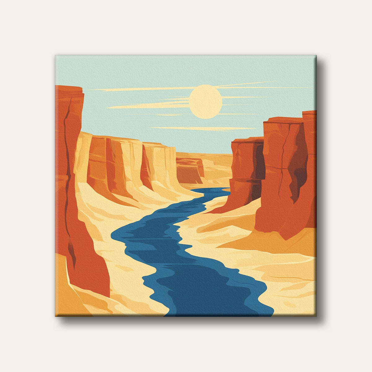 A stylized illustration of a deep desert canyon with a winding blue river, prominent red and tan rock formations, and a large pale sun in a light blue sky, rendered in a flat, graphic style.