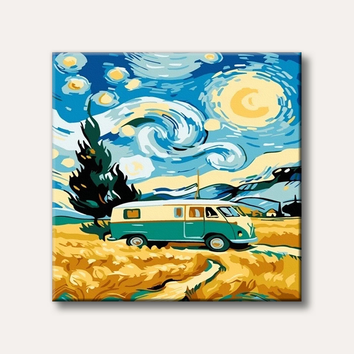 A teal and cream vintage camper van travels through a golden field under a swirling blue and yellow sky reminiscent of Van Gogh's Starry Night painting.