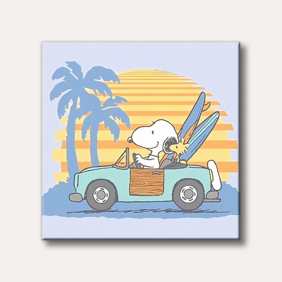A cheerful cartoon illustration of Snoopy driving a light blue convertible with Woodstock and surfboards, set against a vibrant striped sunset and blue palm trees.