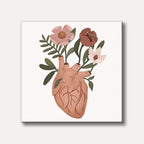 An illustrative depiction of a human heart with colourful flowers and green foliage growing from its top vessels, set against a light background in a flat, whimsical style.