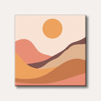 An abstract painting featuring rolling hills and a large sun in warm, earthy tones, rendered in a minimalist and soothing style.