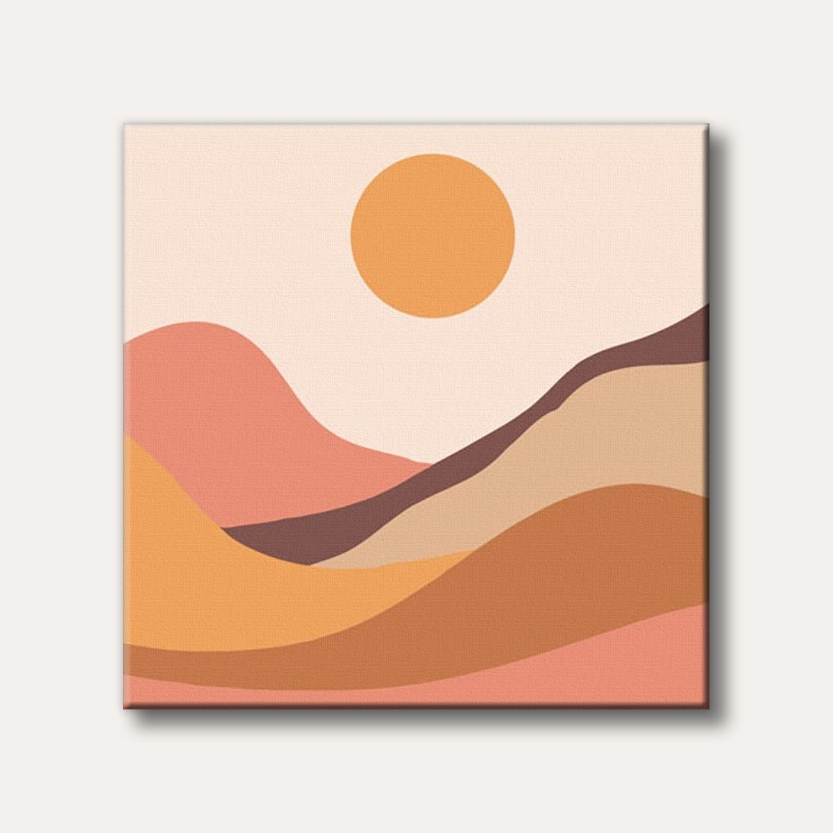 An abstract painting featuring rolling hills and a large sun in warm, earthy tones, rendered in a minimalist and soothing style.