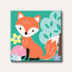 A cute orange fox with white accents sits in a stylized forest scene with light blue trees, a pink mushroom, and yellow and blue flowers, rendered in a simple, flat illustration style.