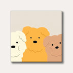 A cheerful image of three fluffy dogs in cream, orange, and brown, with minimalist black features, peeking playfully into the frame against a light beige background.