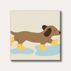 A charming cartoon dachshund wearing yellow rain boots, walking through blue puddles on a light background, in a simple and playful illustration style.
