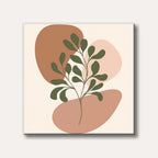 A minimalist abstract painting featuring a stylized dark green plant branch and leaves, set against soft brown and pink organic shapes on a light beige background, creating a calm and modern aesthetic.