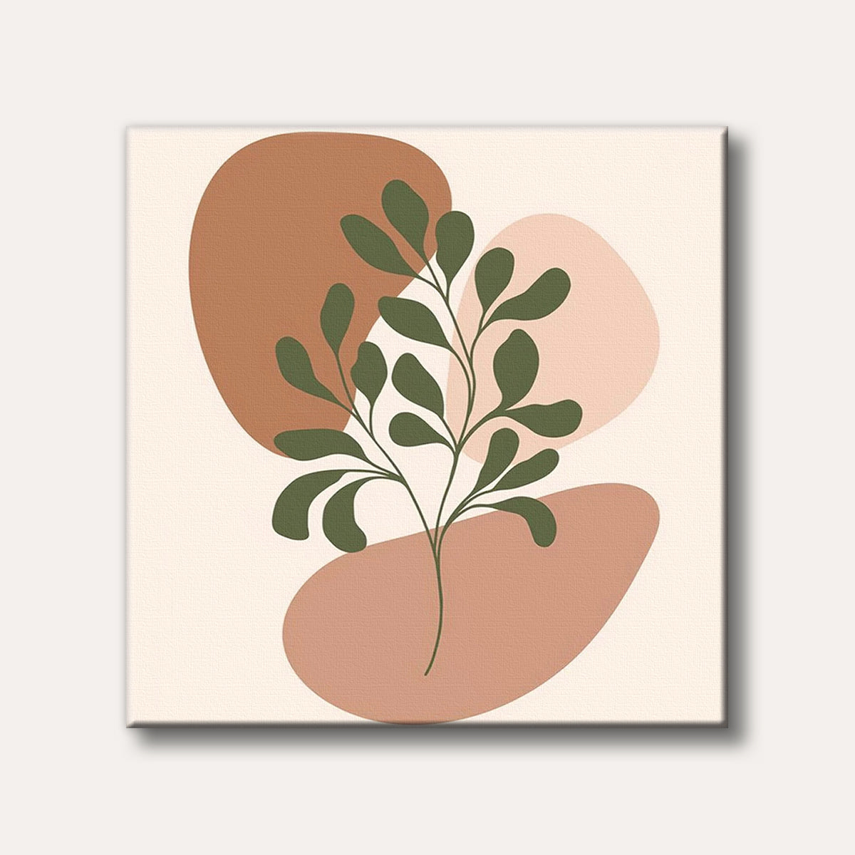 A minimalist abstract painting featuring a stylized dark green plant branch and leaves, set against soft brown and pink organic shapes on a light beige background, creating a calm and modern aesthetic.