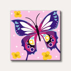 A vibrant, stylized butterfly with purple and pink wings, yellow and blue accents, set against a light pink background with white polka dots and yellow flowers, in a whimsical, graphic art style.