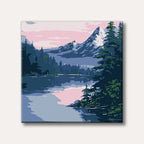 A stylized painting of a serene mountain lake at dusk, with towering peaks, dark evergreen trees, and a reflective water surface under a pink and purple sky.