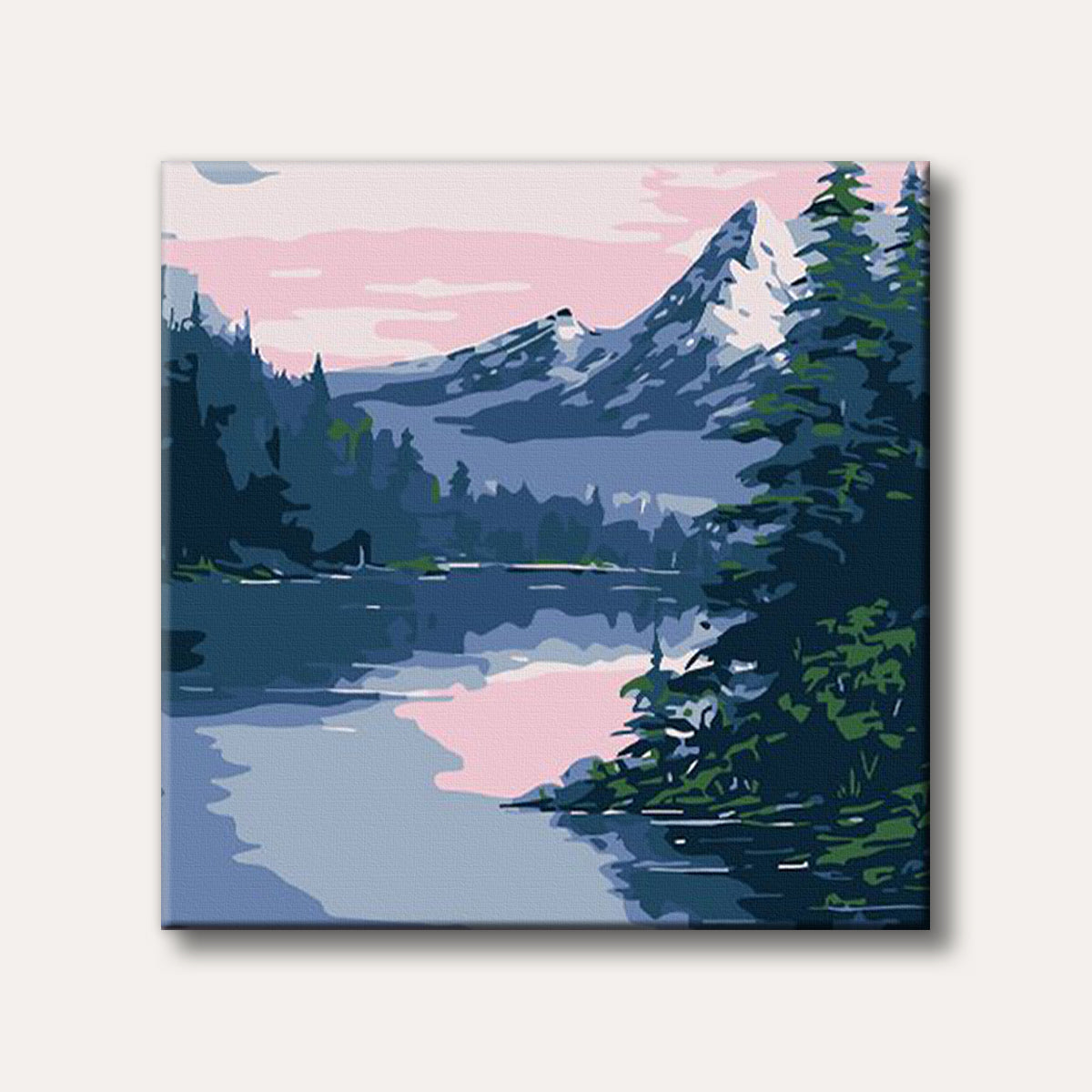 A stylized painting of a serene mountain lake at dusk, with towering peaks, dark evergreen trees, and a reflective water surface under a pink and purple sky.