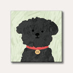 A stylized illustration depicting a black poodle with a textured coat, wearing a vibrant red collar and a gold tag, set against a light, brushstroke background.