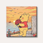 Winnie the Pooh holding a bouquet of red roses, standing by the ocean at sunset with a boat and seagulls in the background, depicted in a charming cartoon style.