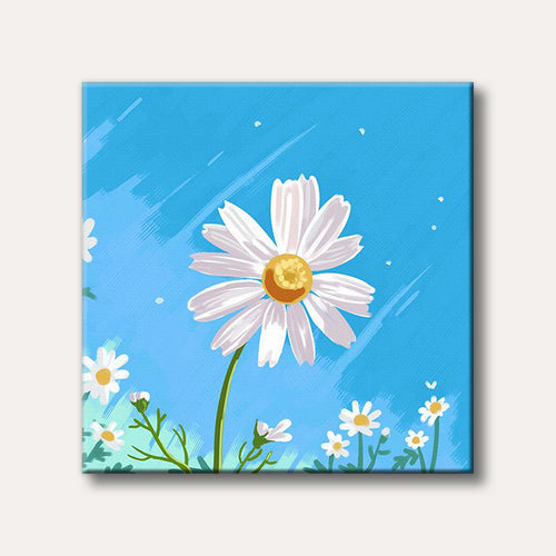 A vibrant digital painting of a large white daisy with a yellow center, surrounded by smaller flowers against a bright blue sky, conveying a cheerful and fresh mood.