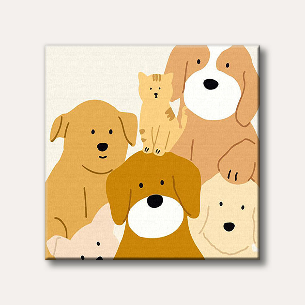 A group of adorable cartoon dogs and a cat in warm, earthy tones, depicted in a playful, minimalist style.
